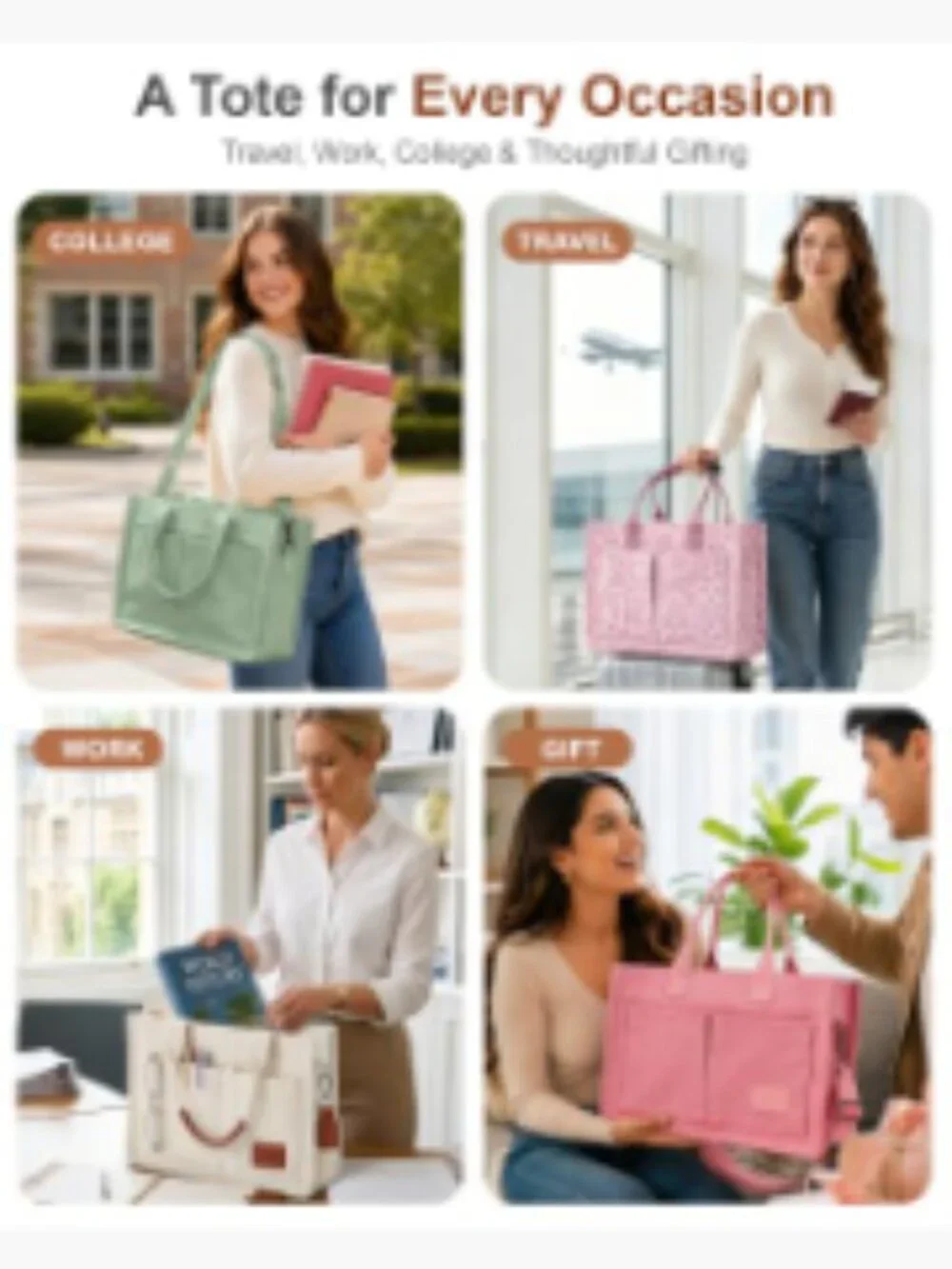 Canvas Tote Bag with Zipper Closure and Multiple Compartments for Work College
